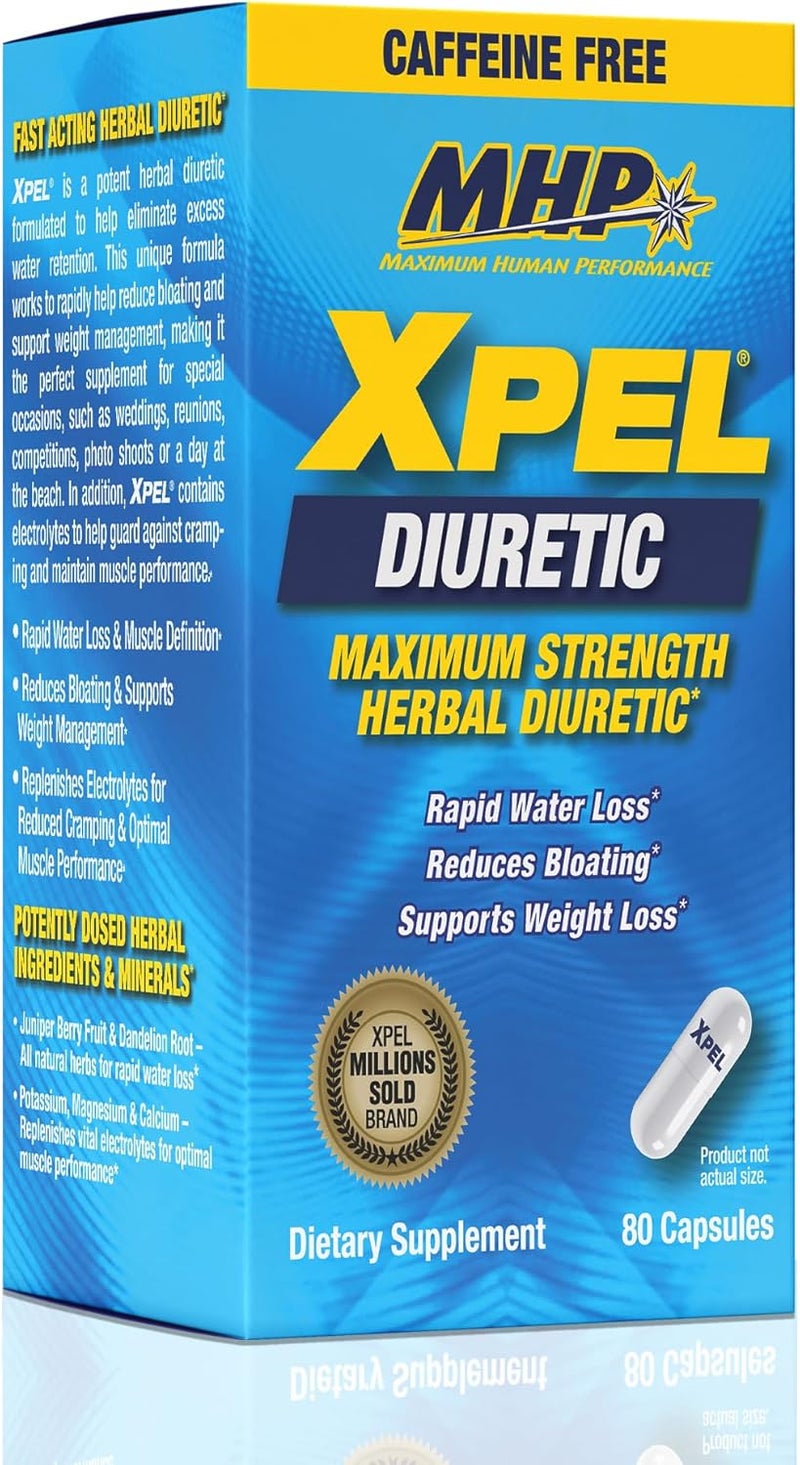 Maximum Human Performance MHP Xpel Maximum Strength Diuretic Water Pills, for Water Retention Relief, Caffeine-Free with Vitamin B-6 Potassium Dandelion Root, 80 Capsules - Image 1